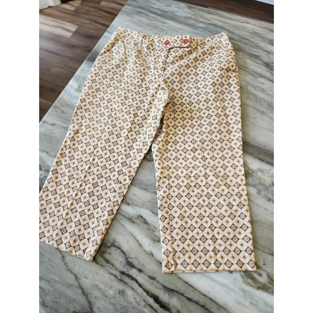 Talbots Petites 12P Geometric Medallion‎ Cropped Pants Tan Brown Stretch Cotton